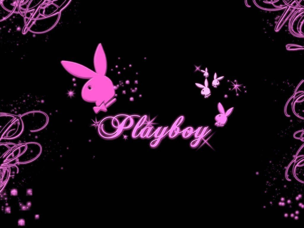 粉紅色Playboy標誌，帶有兔仔符號和閃爍星星，背景為黑色。