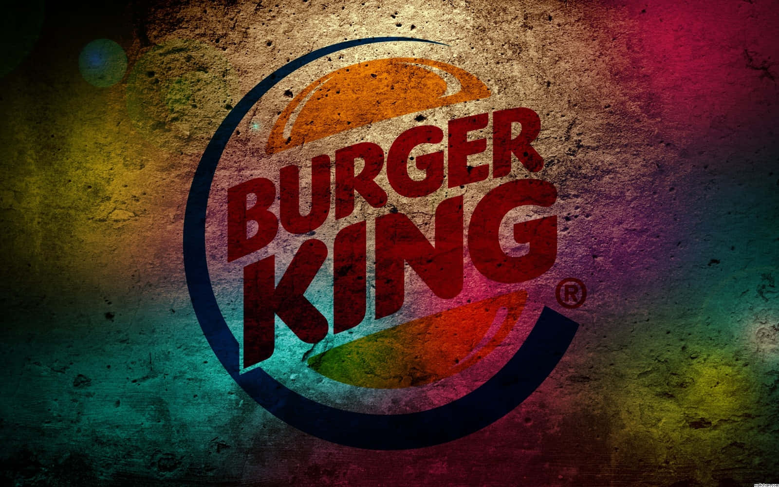 Burger King 標誌在彩色 grunge 背景上，帶有粗體紅色文字。