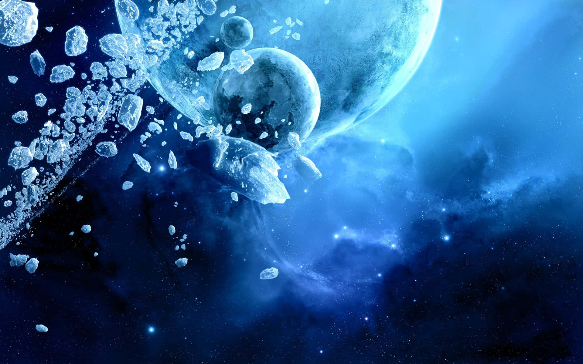盡覽冬季冰原的壯麗風光 壁紙 — 一個宇宙場景，冰凍小行星漂浮在發光的藍色行星附近，背景是繁星點點的星雲。