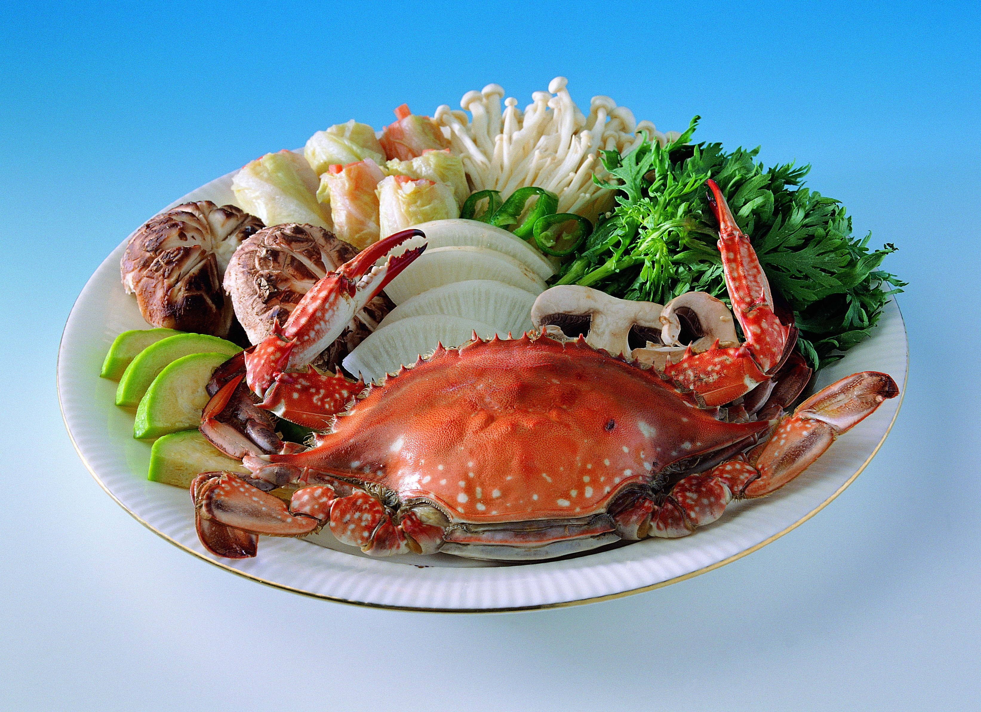 盤中螃蟹配蔬菜 壁紙 — 一盤色彩繽紛的新鮮海鮮和蔬菜，包括一整隻螃蟹、蘑菇和青菜，背景為亮藍色。