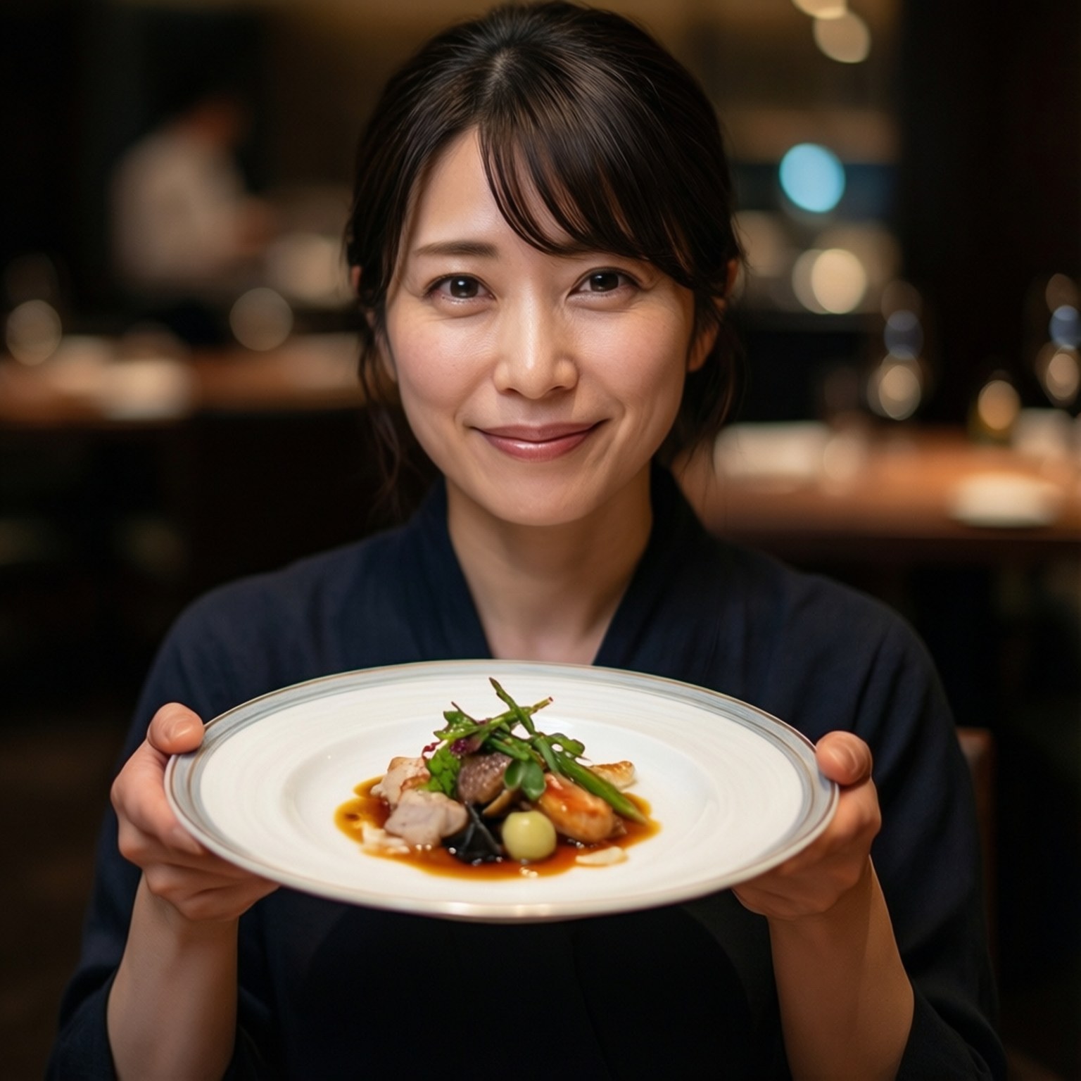 一位女人在餐廳中自豪地展示一道蘆筍和醬汁的美食。