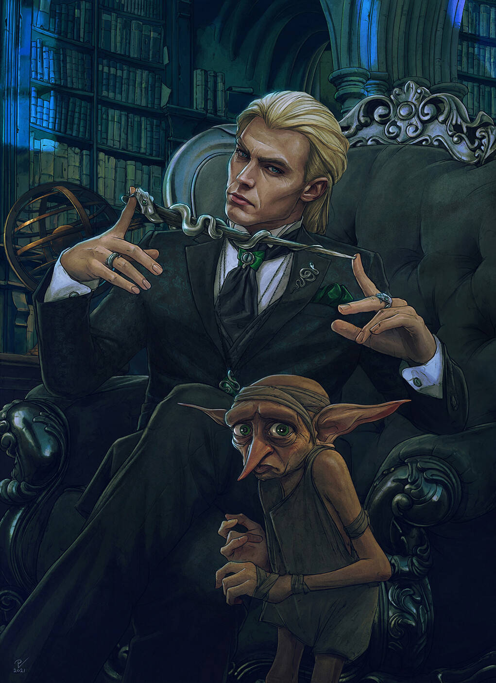 一個穿著西裝的男人拿著一條蛇，而一個妖精在圖書館裡緊張地抬頭看。