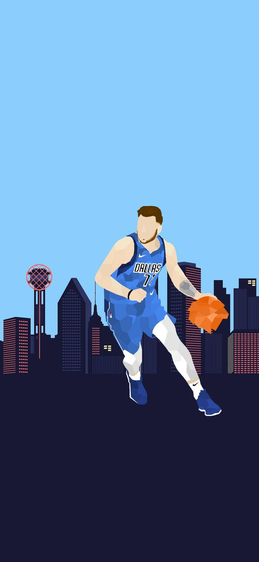 穿著達拉斯球衣的籃球運動員在夜晚的城市天際線前運球。