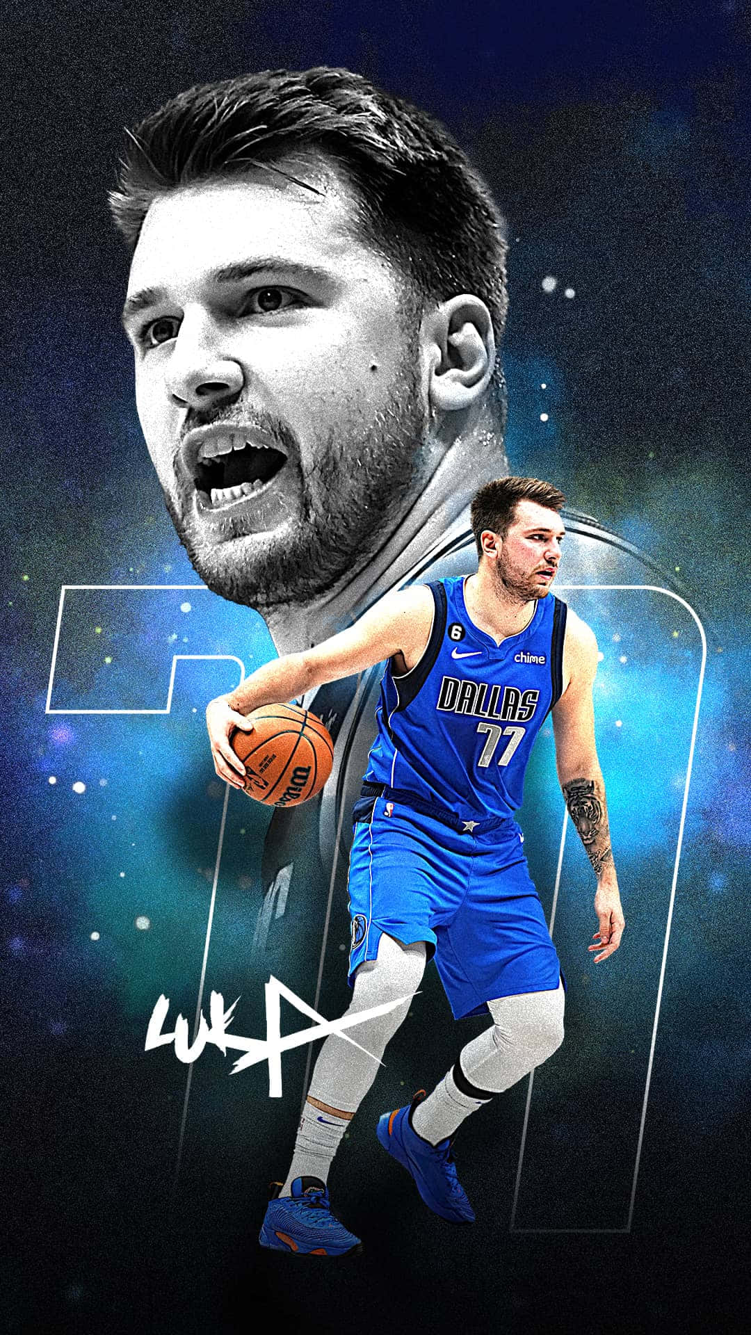 身穿達拉斯獨行俠球衣的籃球運動員在星空背景下運球。