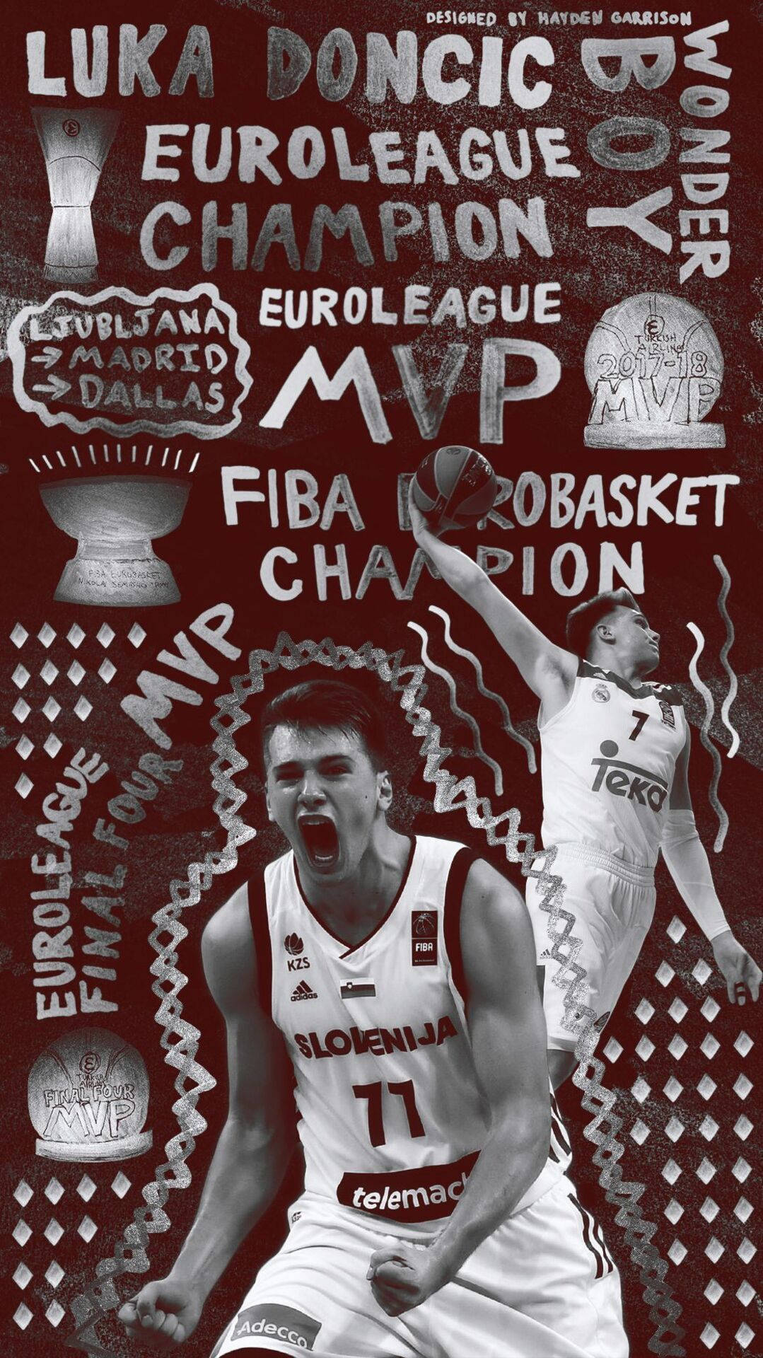 Luka Doncic以獎盃和粗體文字在紅色背景上慶祝成為歐洲聯賽和FIBA冠軍。