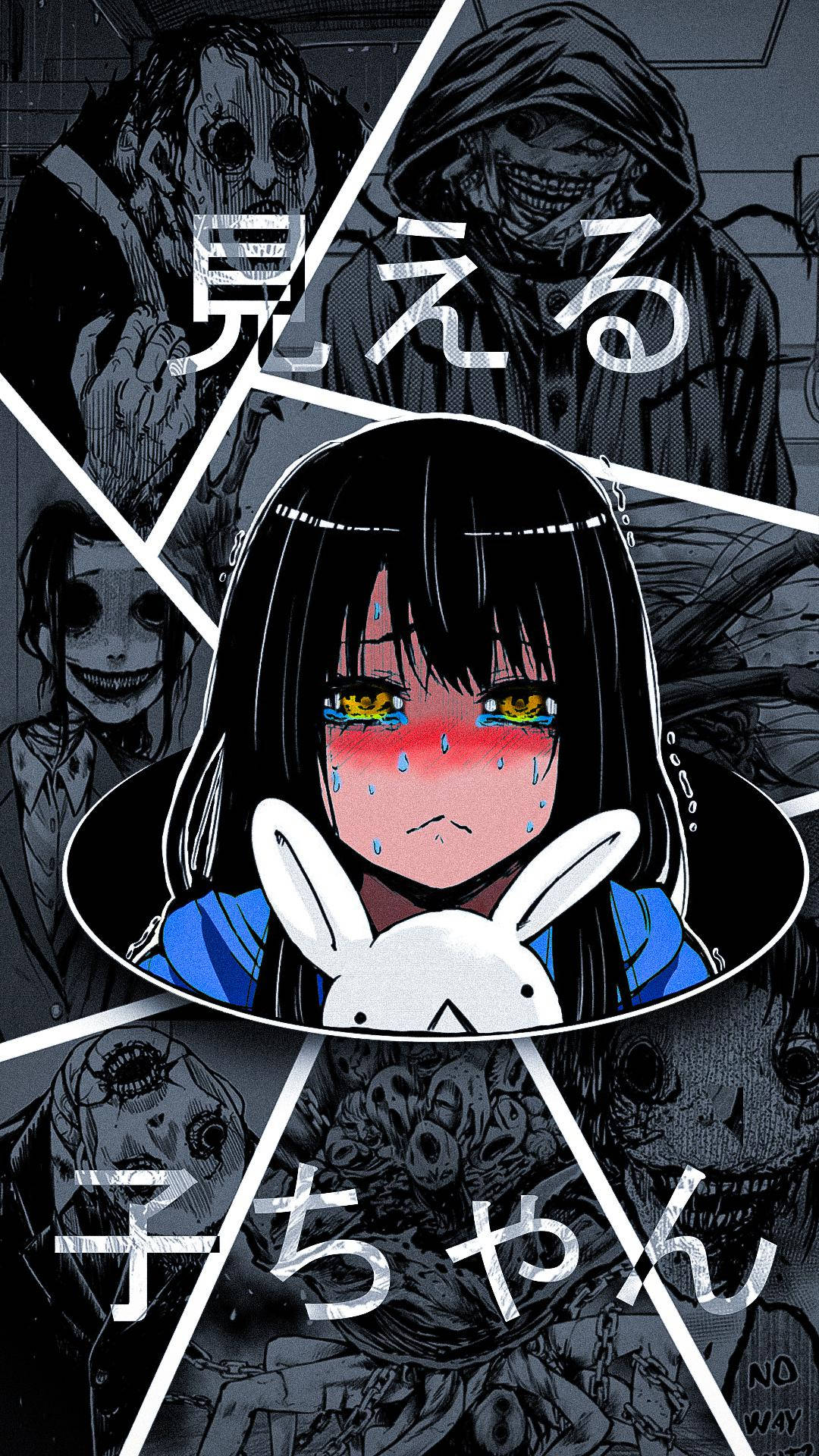 《目隱都市的雙子》Miko 恐懼哭泣，緊抱布偶，背景為鬼魂拼貼畫 壁紙 — 一個驚恐的動漫女孩，眼睛發光，流著淚，在破碎玻璃效果中被威脅性的蒙面人物包圍著哭泣。