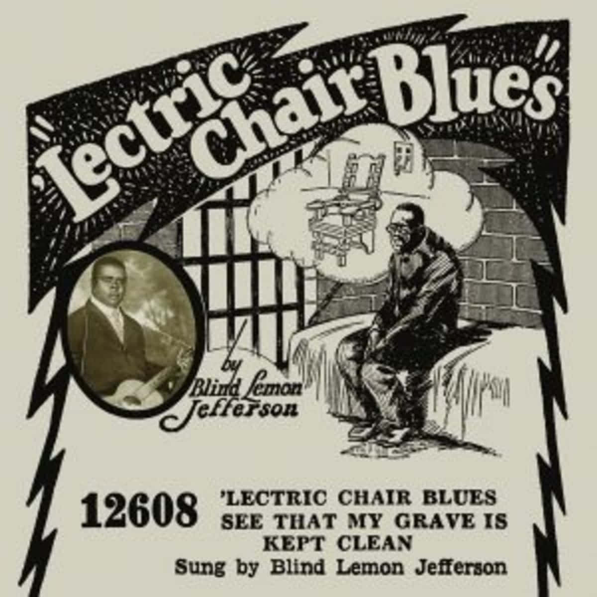 Blind Lemon Jefferson 的《Lectric Chair Blues》復古爵士海報，帶有囚犯和電椅圖案。