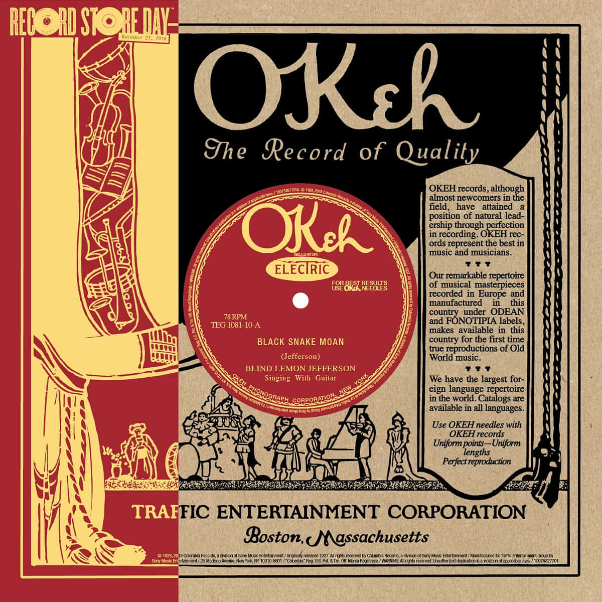 復古 Okeh 唱片標籤海報，宣傳 Blind Lemon Jefferson 的《Black Snake Moan》。