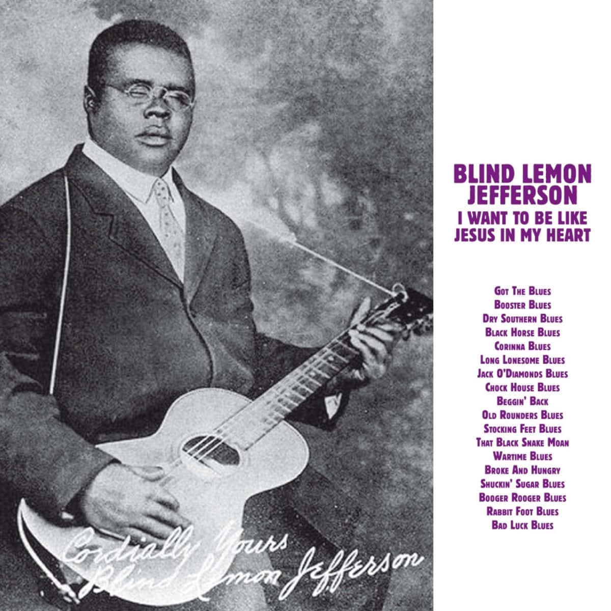 Blind Lemon Jefferson 揸住結他，紫色文字顯示專輯曲目列表。