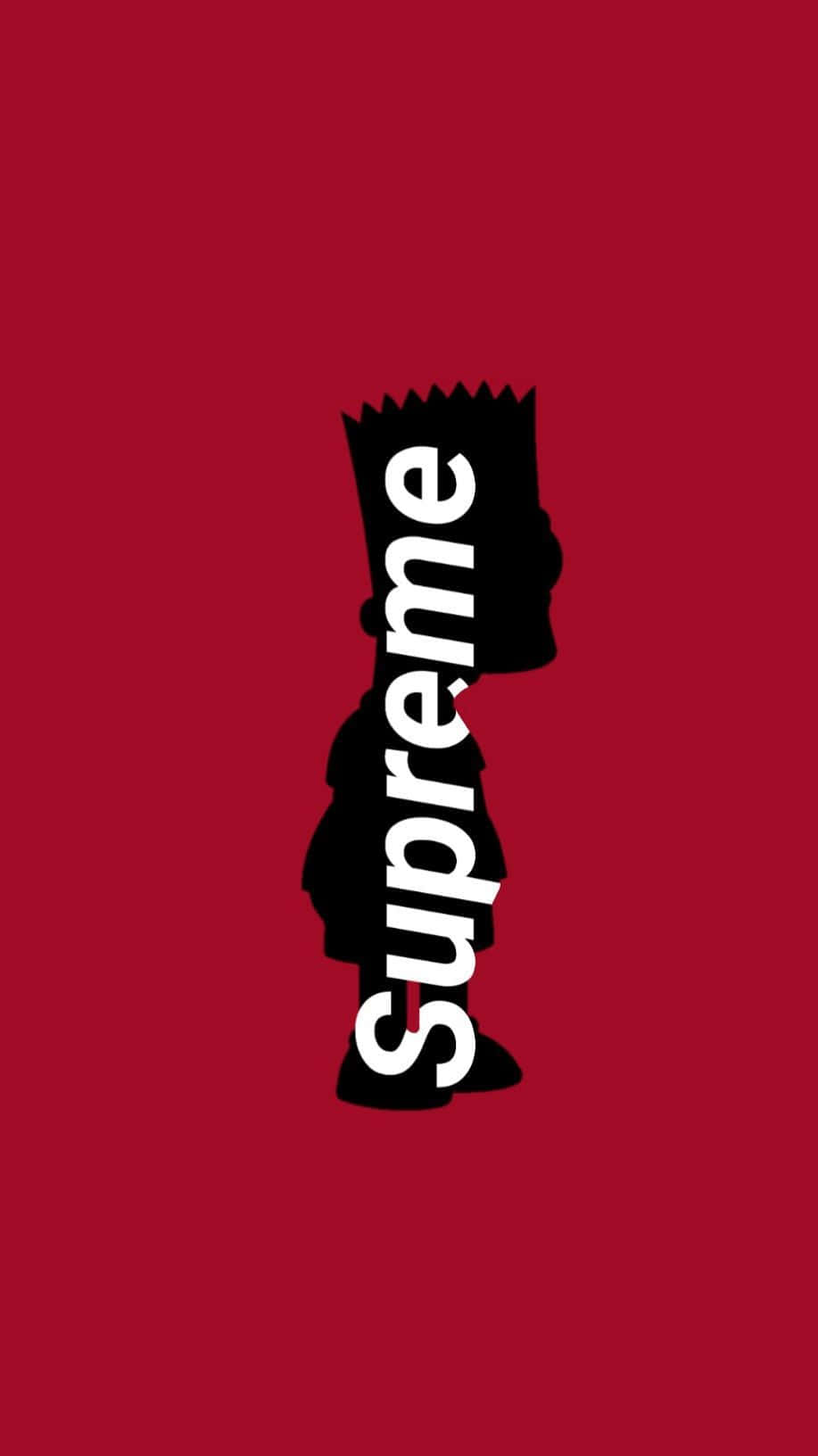 「直出春田市，時尚巴特·辛普森 Supreme」 壁紙 — 一個大膽的黑色巴特·辛普森剪影，白色文字Supreme垂直排列在他的身體上，背景為純紅色。