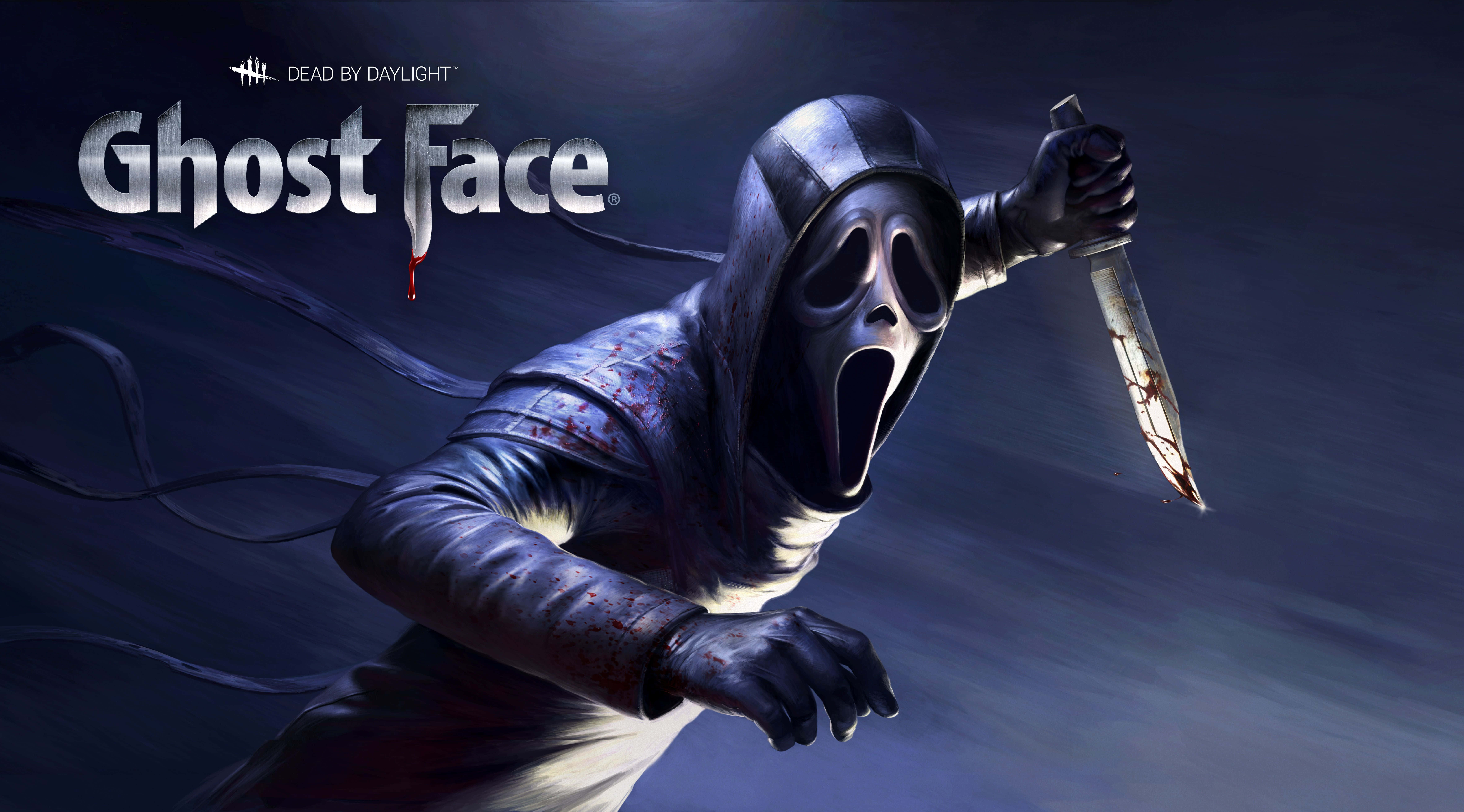 《直到黎明》鬼臉桌面壁紙 壁紙 — Dead by Daylight 中的 Ghost Face 在深藍色燈光下手持血淋淋的刀向前猛衝。