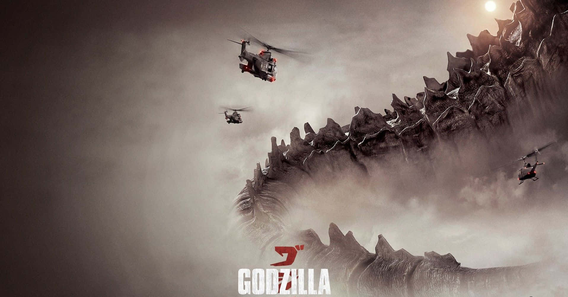 Godzilla 2014 桌布 壁紙 — 直升機在耀眼的太陽下，與從迷霧雲層中出現的巨大哥斯拉戰鬥。