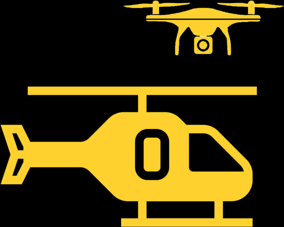 直升機與無人機剪影 壁紙 — 黃色無人機和直升機圖標，極簡風格，黑色背景。