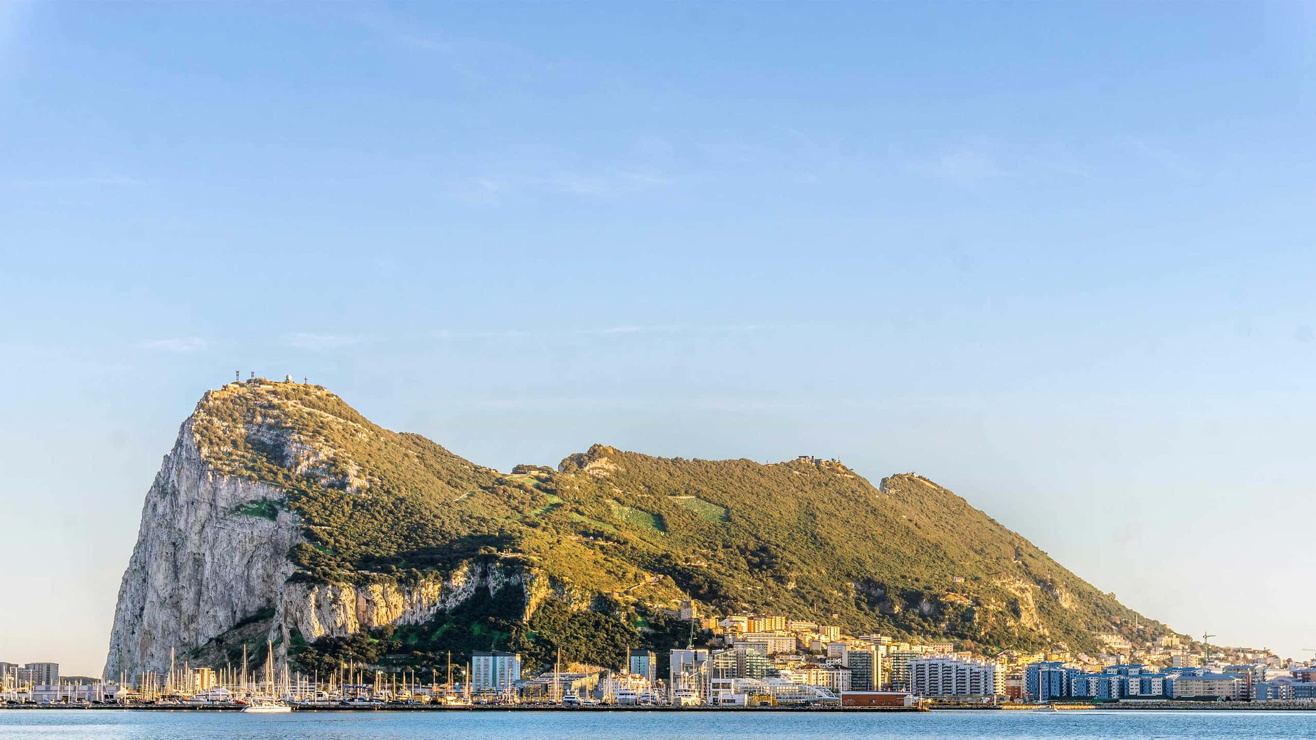 直布羅陀岩綠色表面 壁紙 — 直布羅陀巨岩從海中戲劇性地升起，陽光照射的懸崖面和下方的沿海城市景觀。