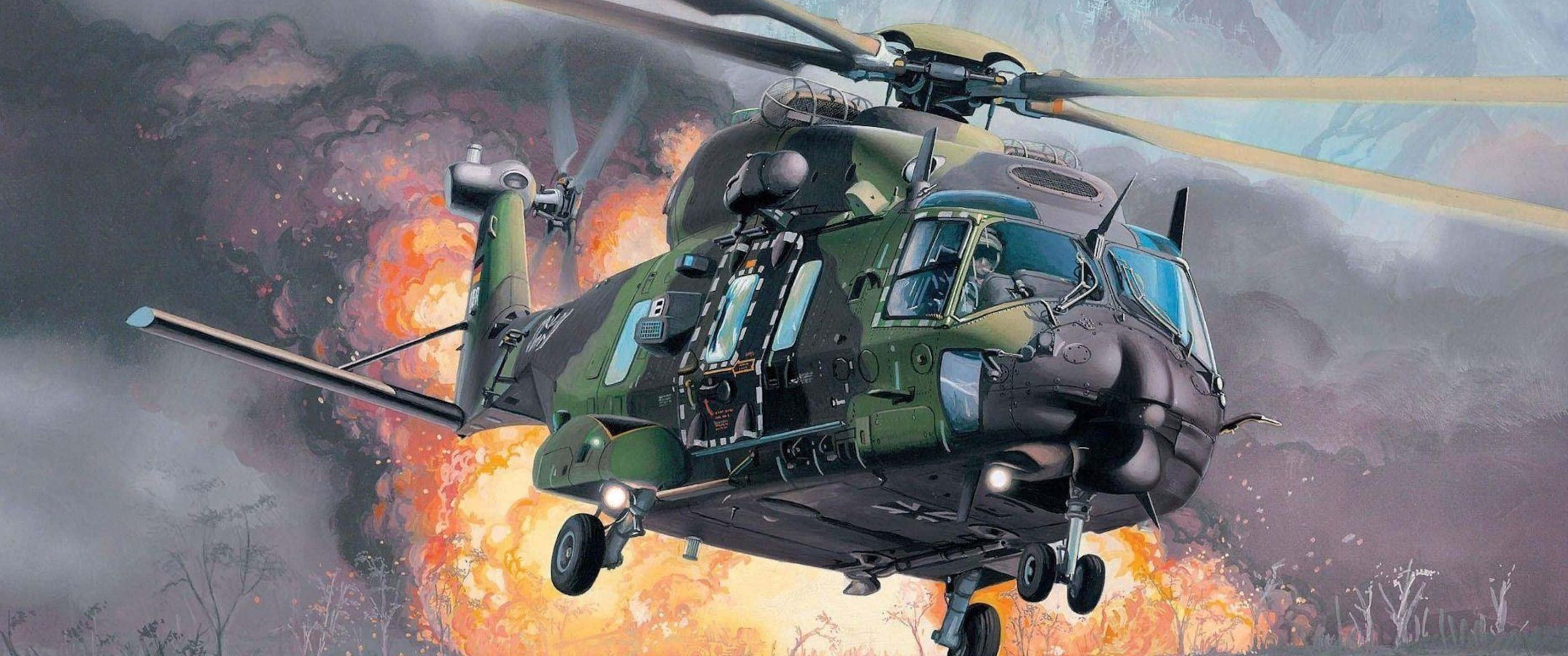 直昇機翱翔於雲層之上 壁紙 — 一架綠色軍用直升機飛過熾熱的爆炸和煙霧，飛越戰火摧殘的地景。
