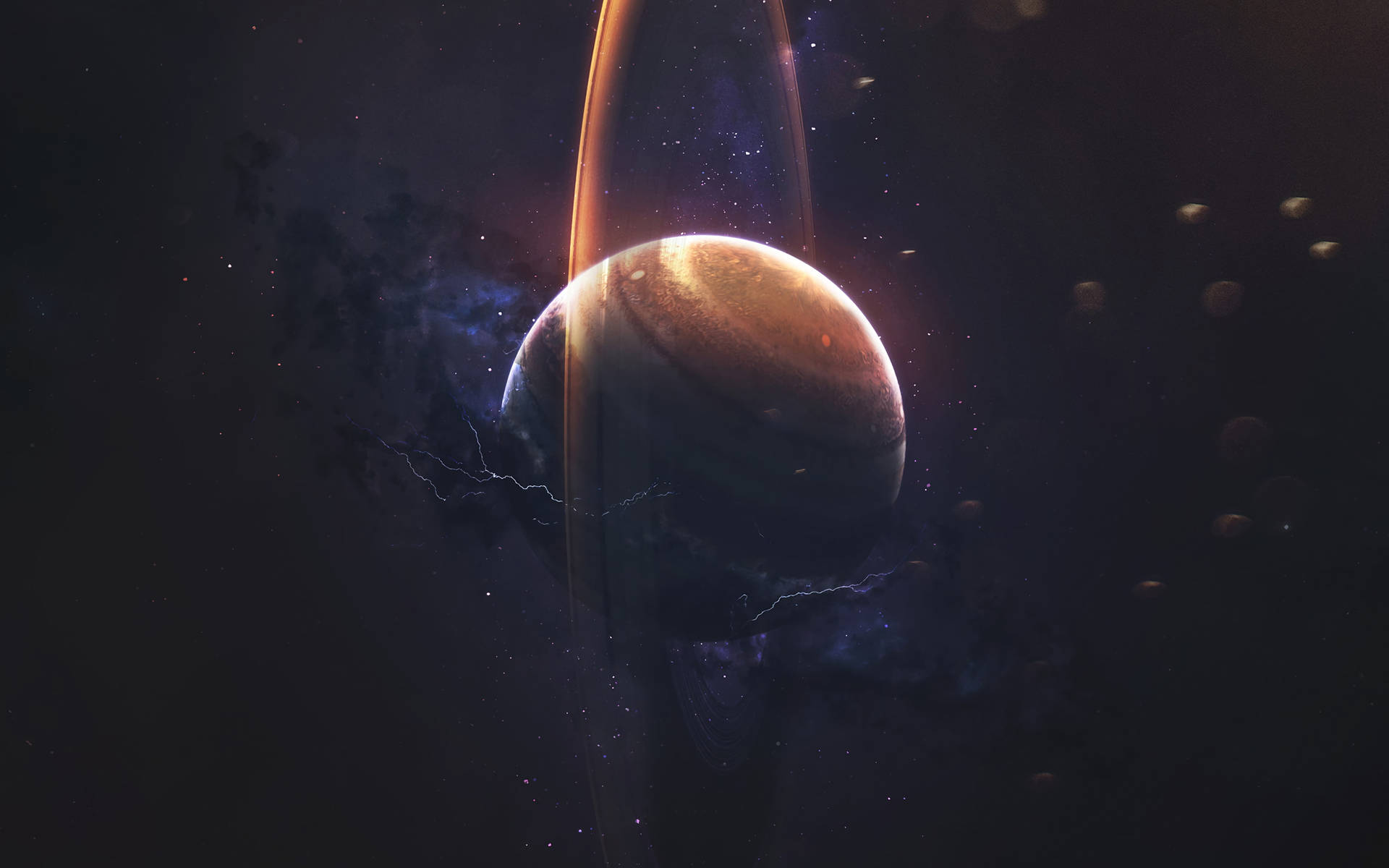 在繁星點點的太空場景中，一顆發光的環狀行星伴隨著閃電。