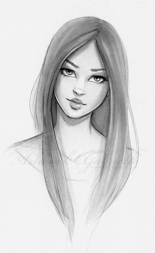 直髮性感女孩素描圖 壁紙 — 一幅詳細的鉛筆素描，描繪一位年輕女性，長髮飄逸，眼神富有表現力，凝視前方。