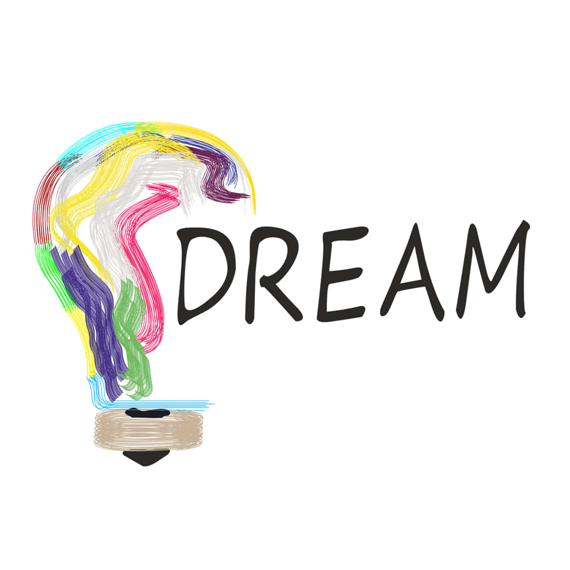一個手繪燈泡，充滿彩虹色，旁邊是DREAM一詞。