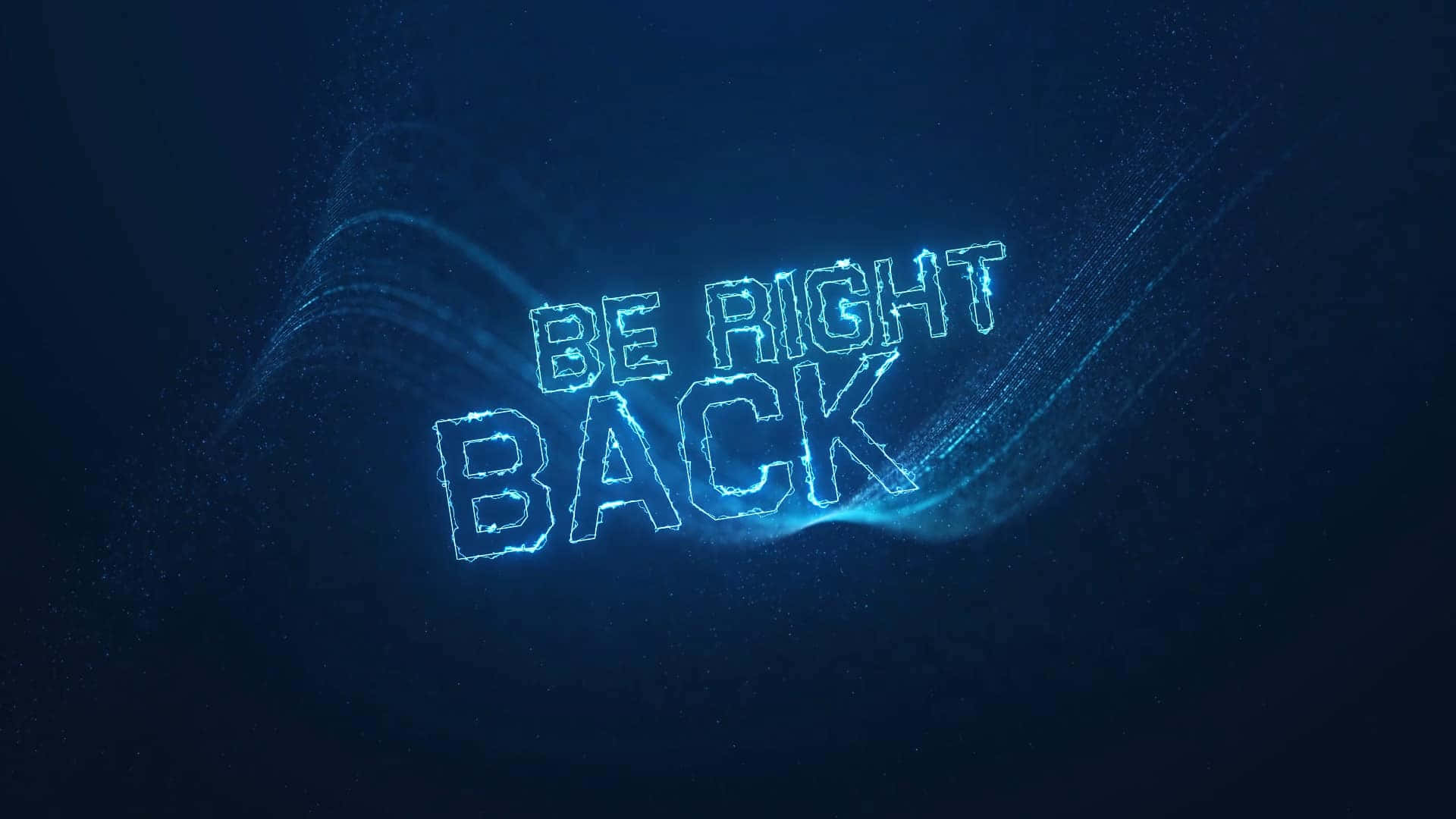 在宇宙數位空間中顯示 be right back 的發光藍色霓虹文字。