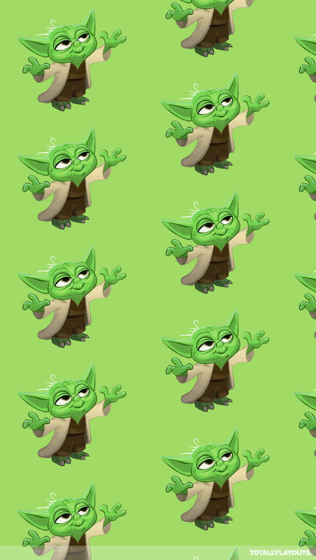 綠色卡通尤達角色在牆紙圖案中重複。