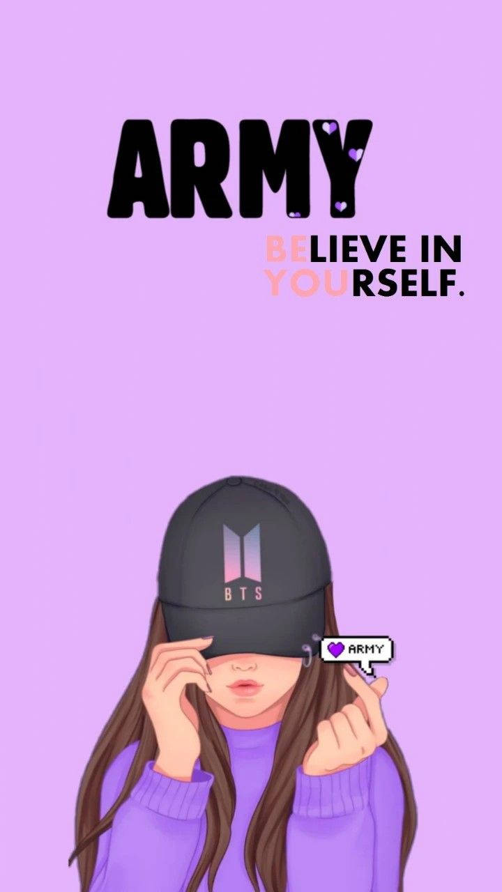 戴著BTS帽的女孩手持心形符號，並帶有「ARMY BELIEVE IN YOURSELF」文字。