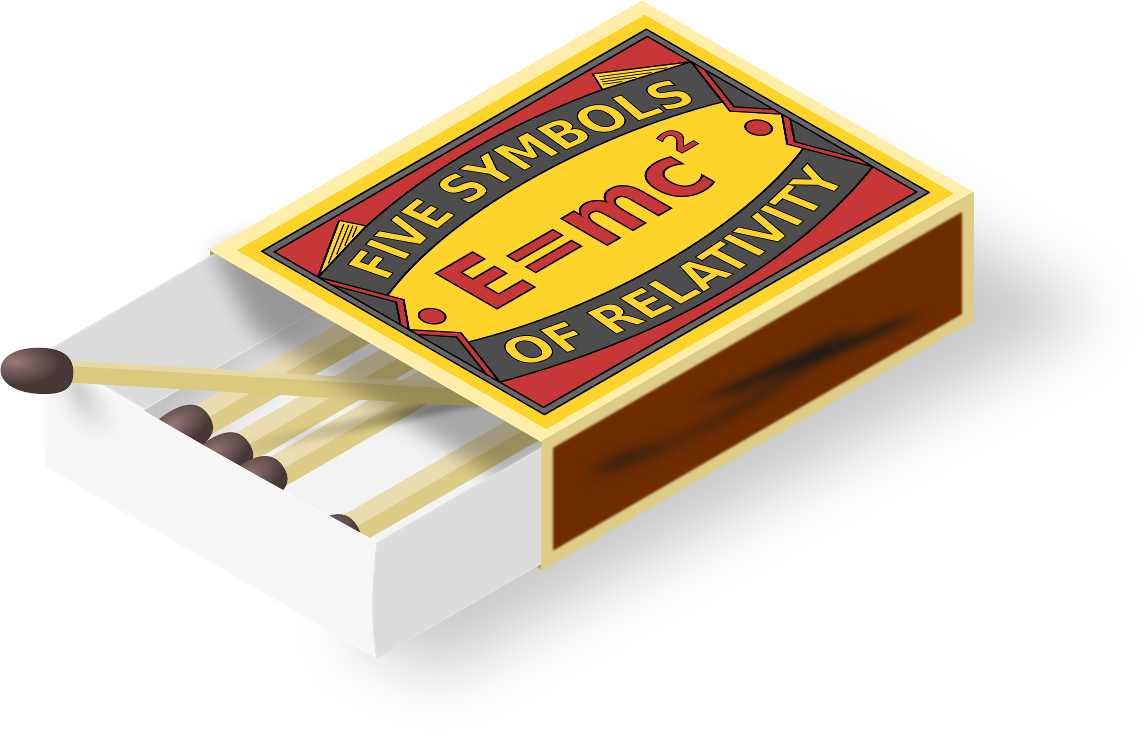 相對論主題火柴盒 壁紙 — 一個標有「FIVE SYMBOLS E=mc² OF RELATIVITY」的火柴盒，部分火柴被拉出，背景為黑色。