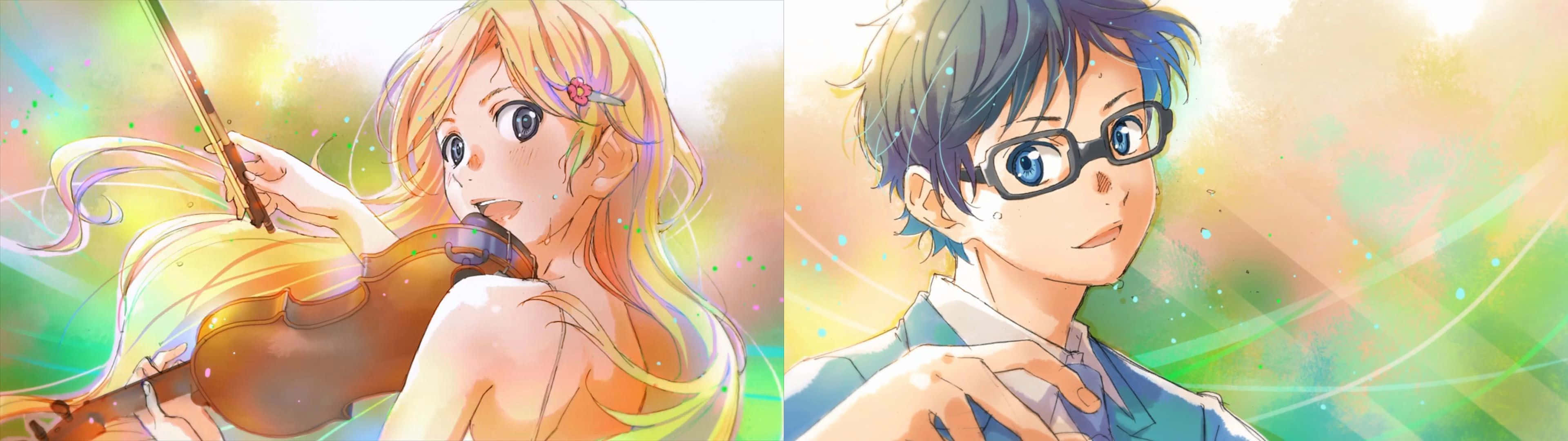 動漫女孩在戴眼鏡的男孩旁邊拉小提琴，色彩繽紛的抽象場景