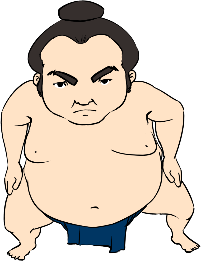 相撲力士姿勢插畫 壁紙 — 一個卡通相撲選手，表情嚴肅，梳著髮髻，擺出戰鬥姿勢。