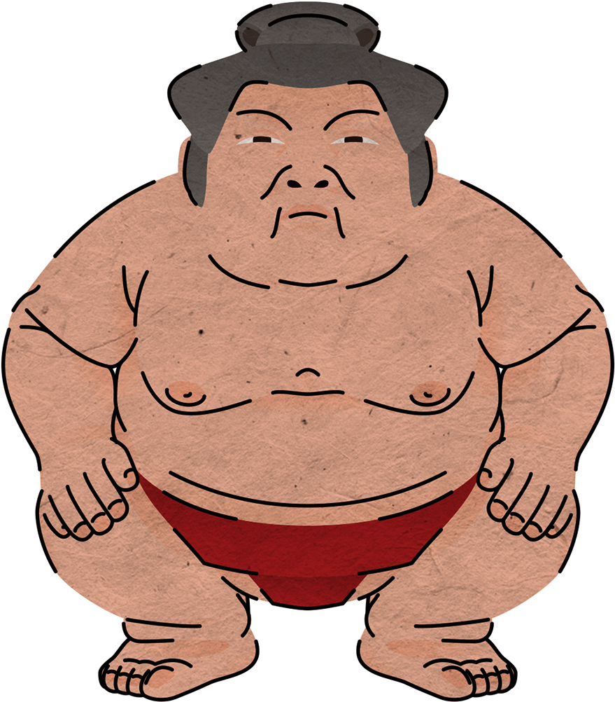 相撲力士插圖.PNG 壁紙 — 一個卡通相撲選手，頭頂髮髻，身穿紅色丁字褲，在黑色背景前表情嚴肅地站立。