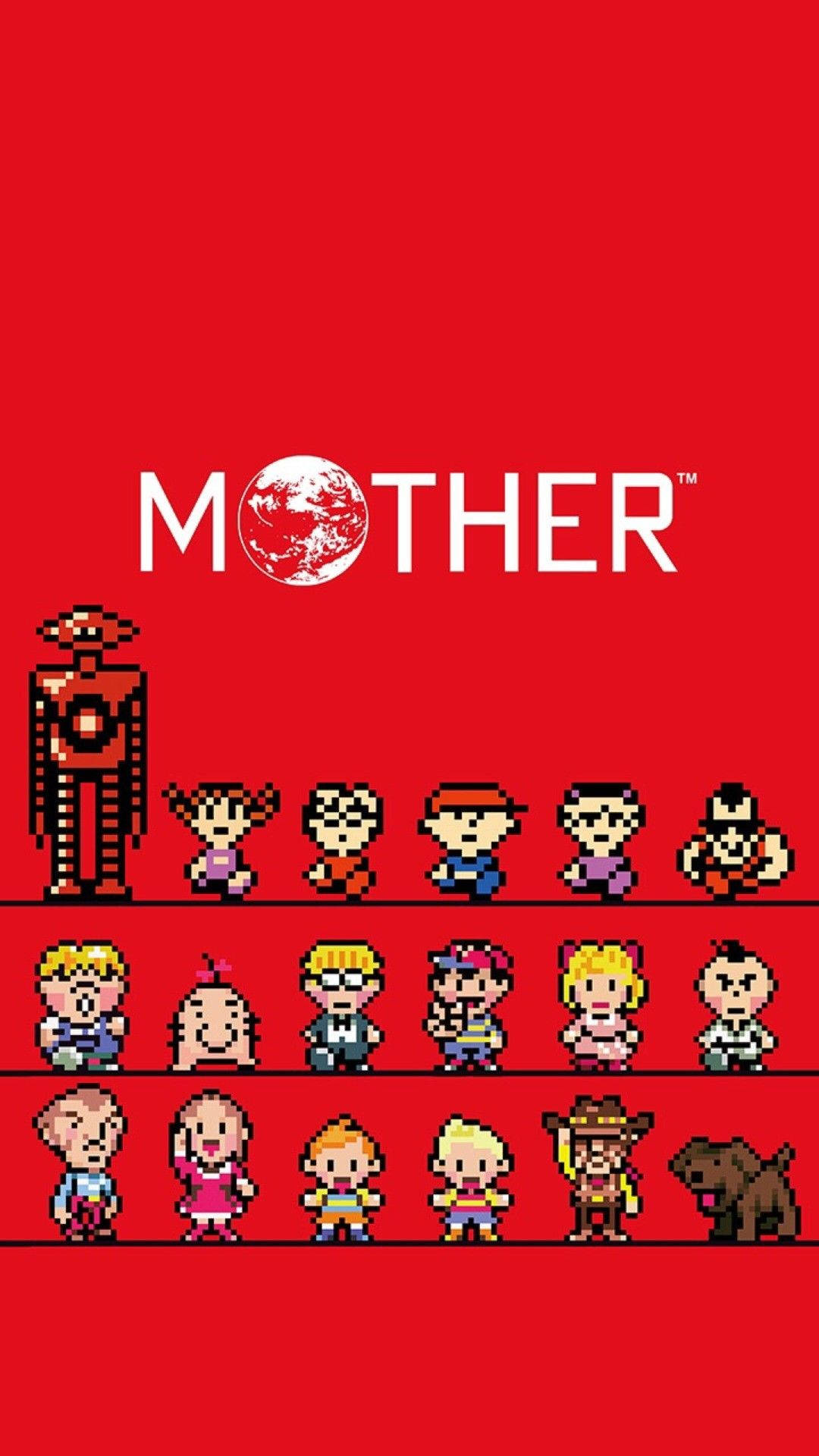來自《Mother》電子遊戲系列的像素藝術角色在紅色背景上。
