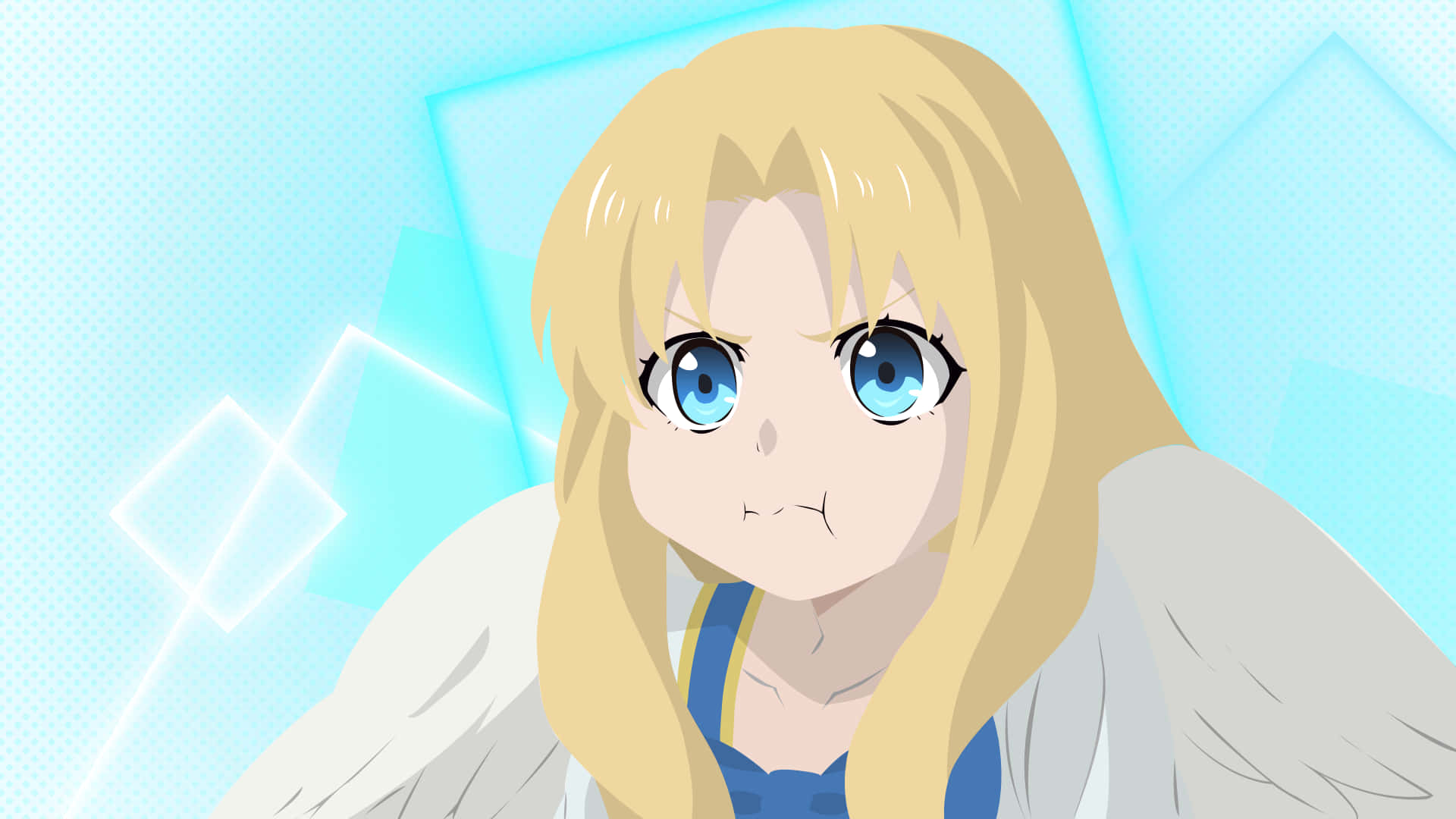 金髮藍眼、有白色翅膀的動漫女孩，在發光的藍色背景前看起來很生氣。