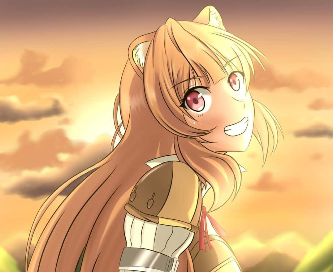 《盾之勇者成名录》主角 Raphtalia 壁紙 — 一個開心的動漫女孩，有貓耳朵和長長的金髮，在金色夕陽天空下溫暖地微笑。