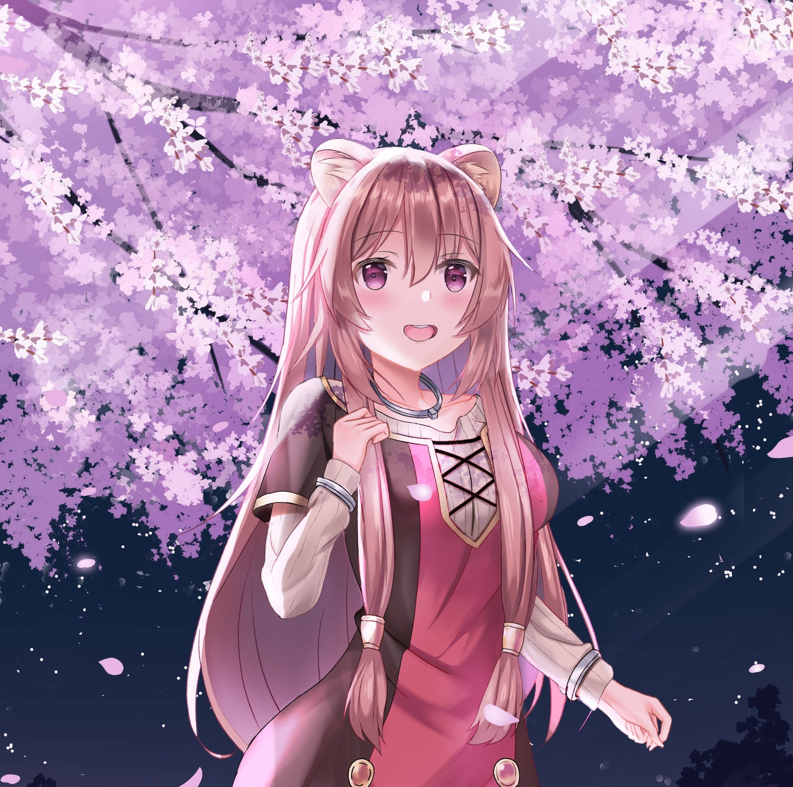 盾牌高舉！ 壁紙 — 一個開心的貓耳粉紅髮動漫女孩，夜晚站在盛開的櫻花樹冠下。
