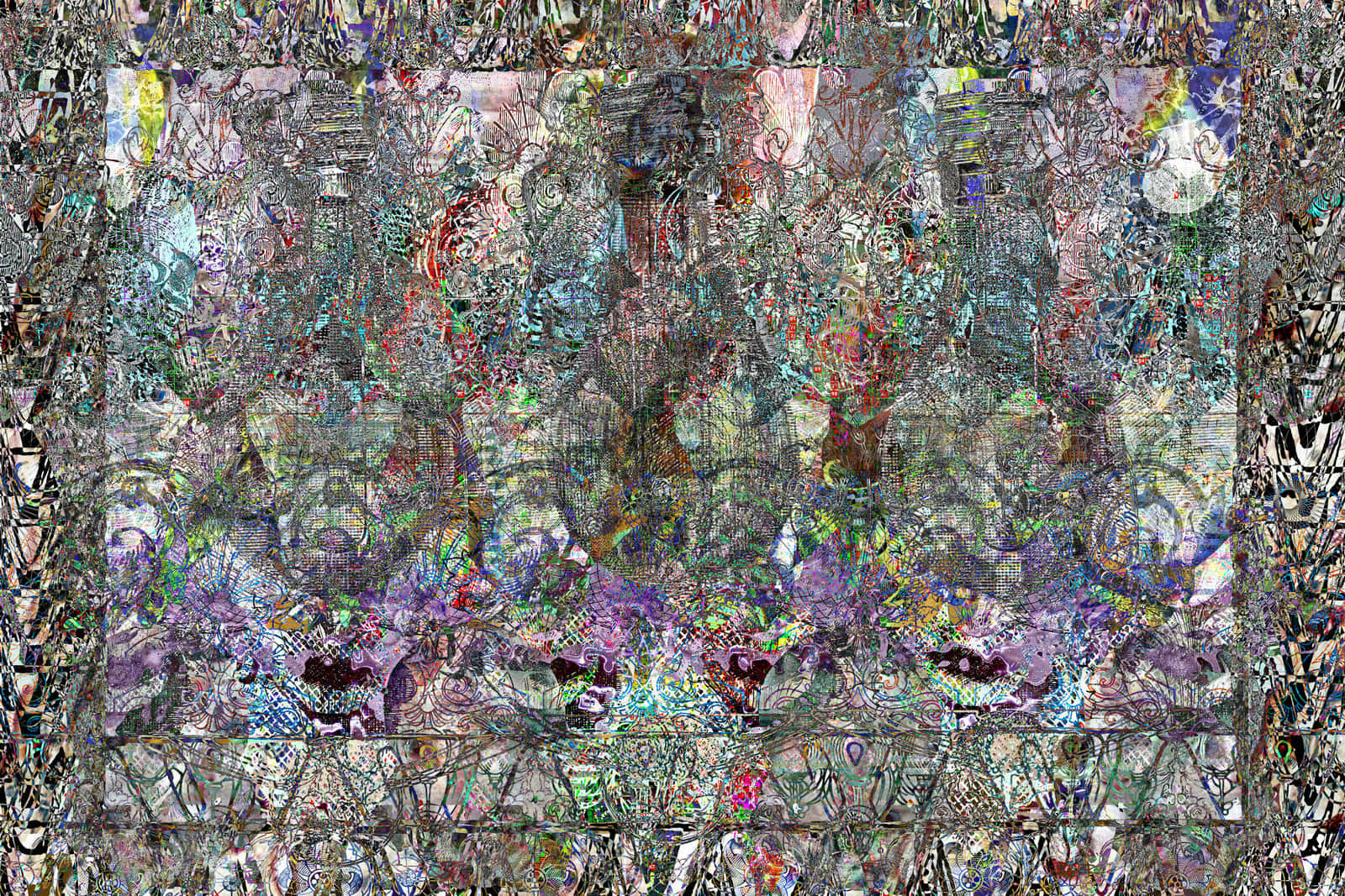 帶有故障碎片圖案和鮮豔色彩的抽象數碼藝術作品。