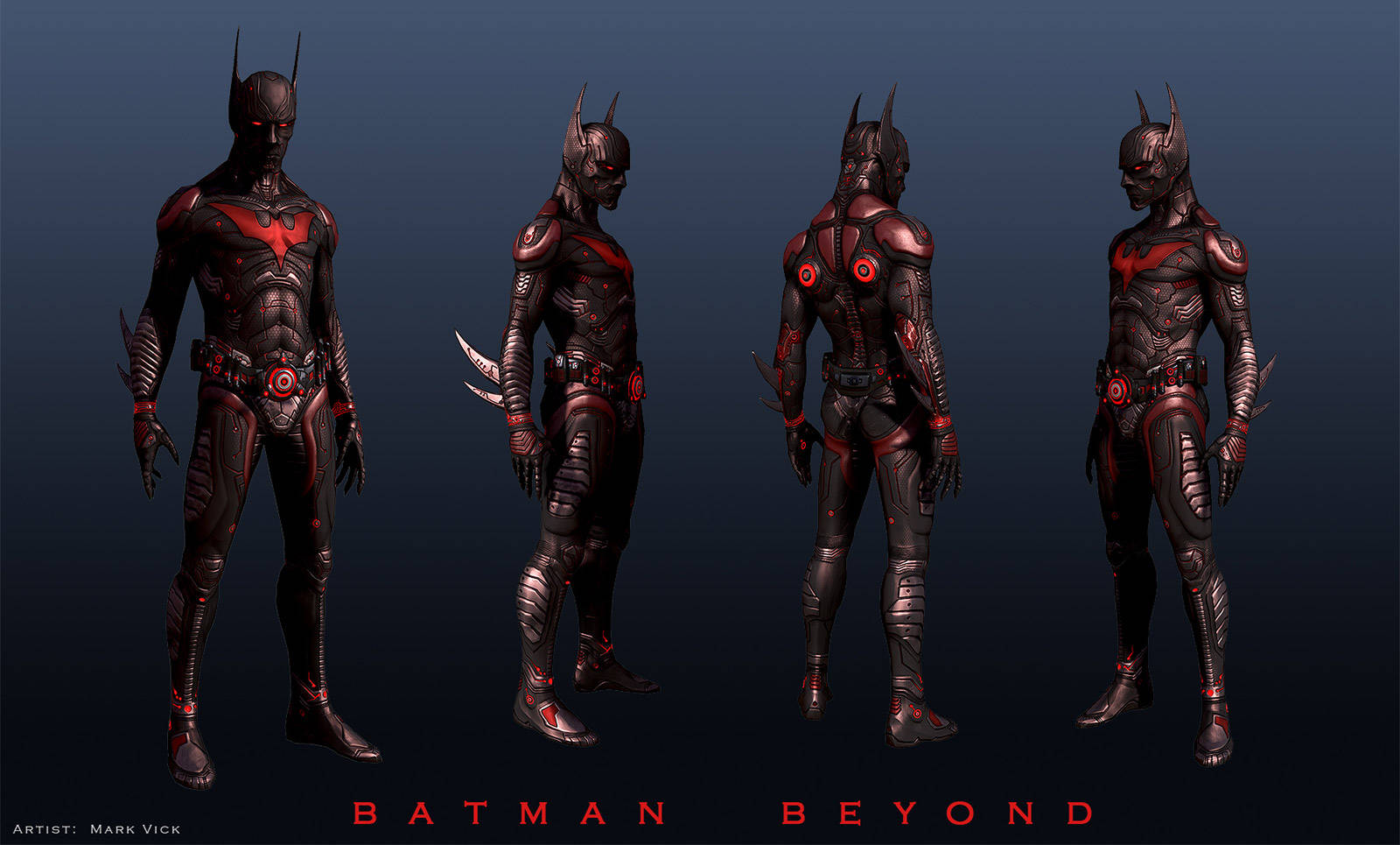 Batman Beyond 角色設計從四個角度以深色盔甲展示。