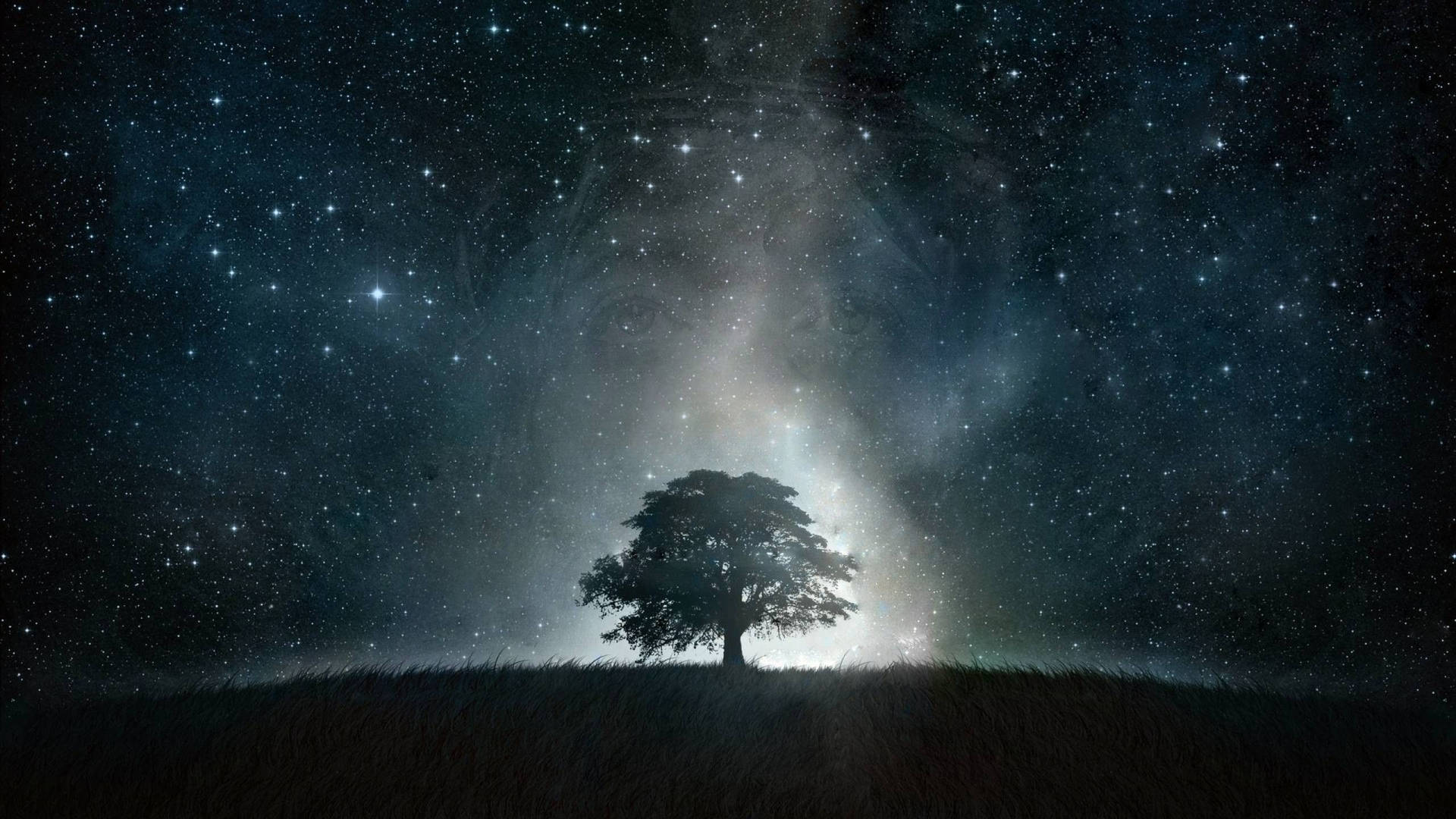 山丘上的一棵孤樹，在帶有發光星雲的星空夜空下。