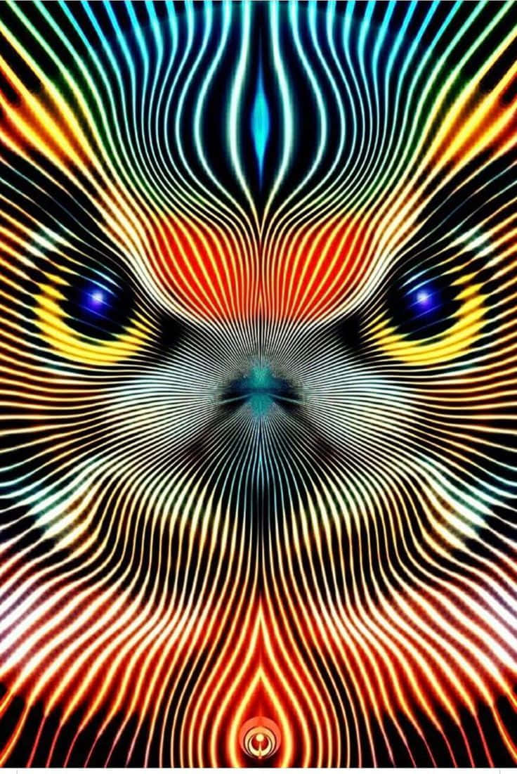 對稱的抽象設計，帶有發光的眼睛和彩虹線條，營造出迷幻隧道效果。