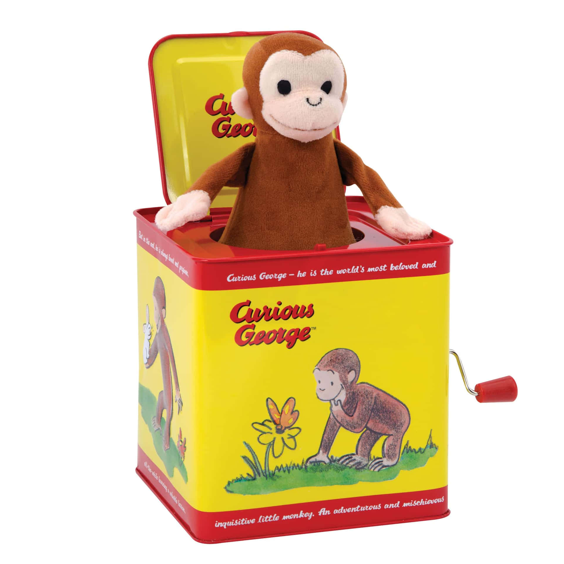 Curious George毛絨玩具從黃色和紅色的驚喜盒中彈出。