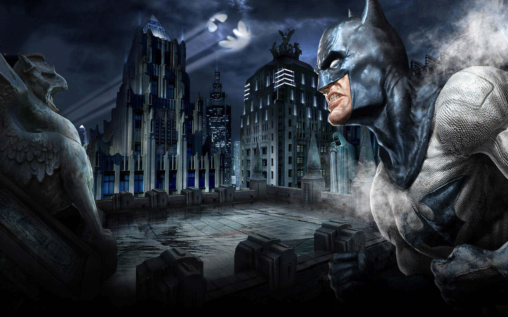 蝙蝠俠在屋頂上俯瞰夜晚黑暗的哥德式城市。