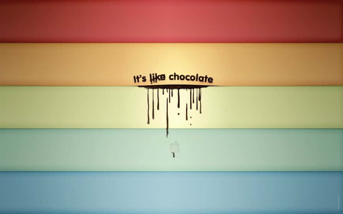 在彩虹背景上，蘋果標誌上方寫著「It's like chocolate」的文字滴下朱古力。