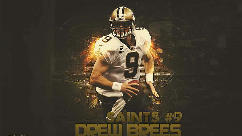 美式足球四分衛 Drew Brees 身穿聖徒隊球衣，手持美式足球，帶有發光效果。