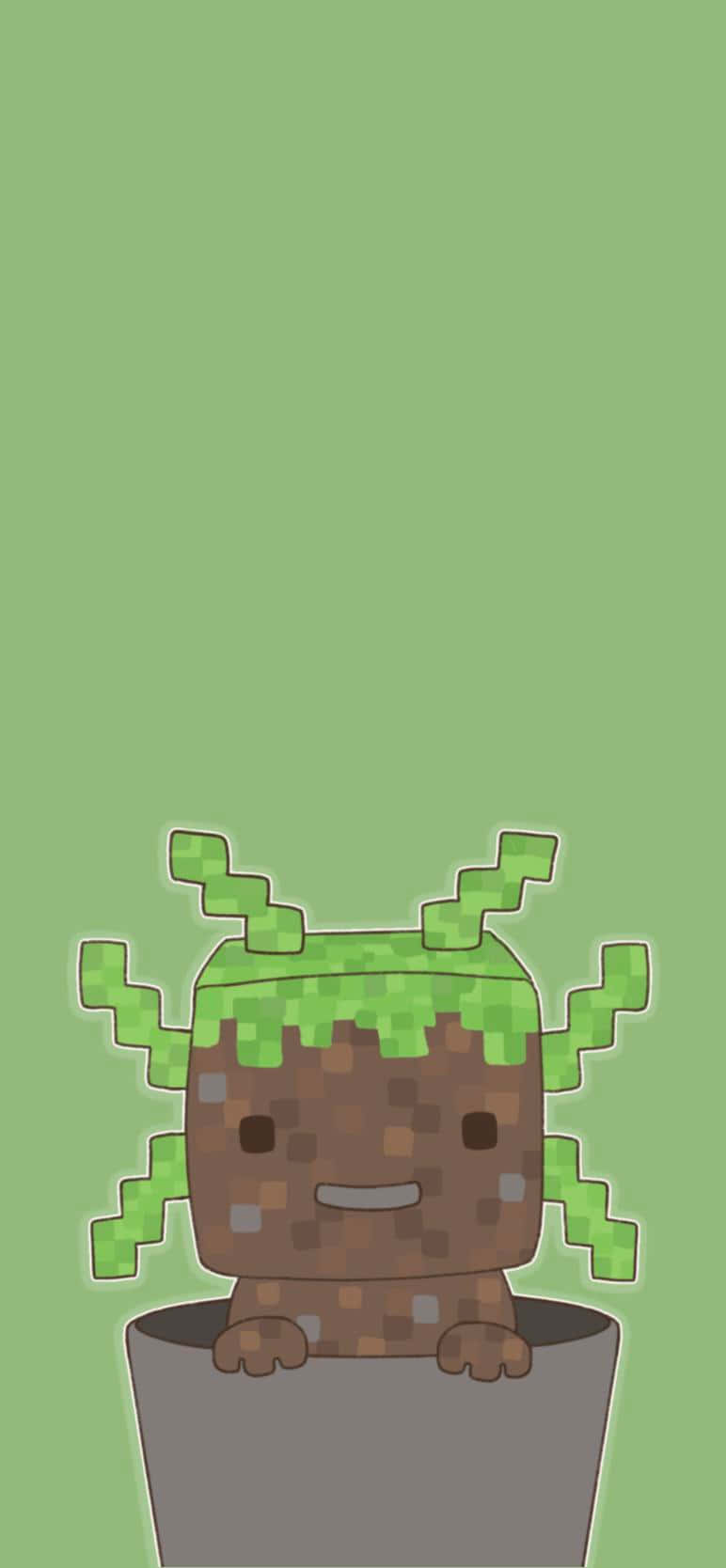 一個像素化的Minecraft生物，花盆裡有苔蘚頭髮，在綠色背景上微笑。