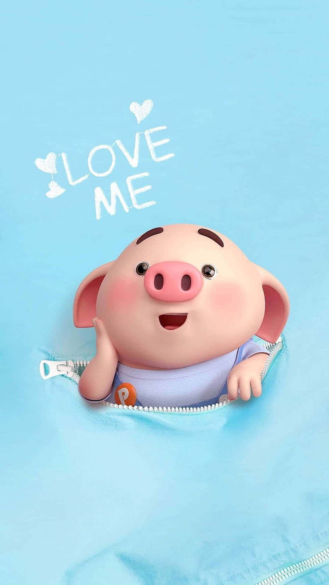 一隻穿著藍色拉鍊衫的卡通豬探出頭來，上方有「LOVE ME」文字。