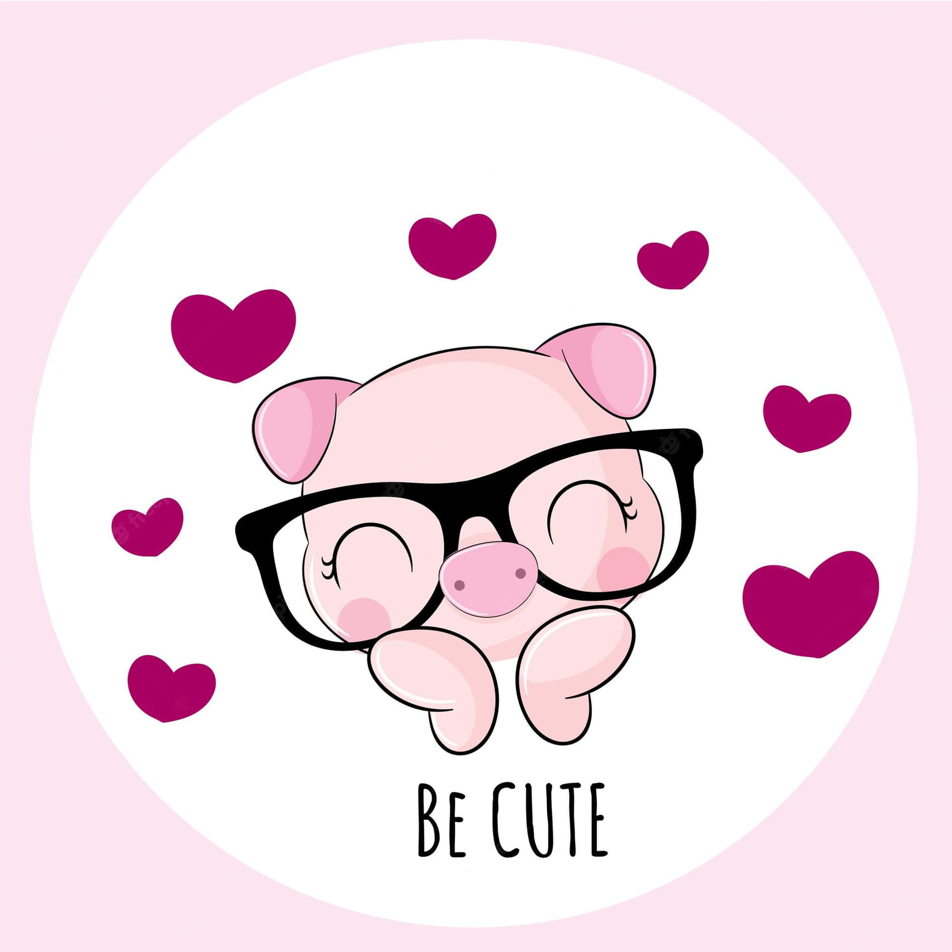 一隻戴著眼鏡微笑的卡通豬，被心形環繞，並帶有文字 be cute。