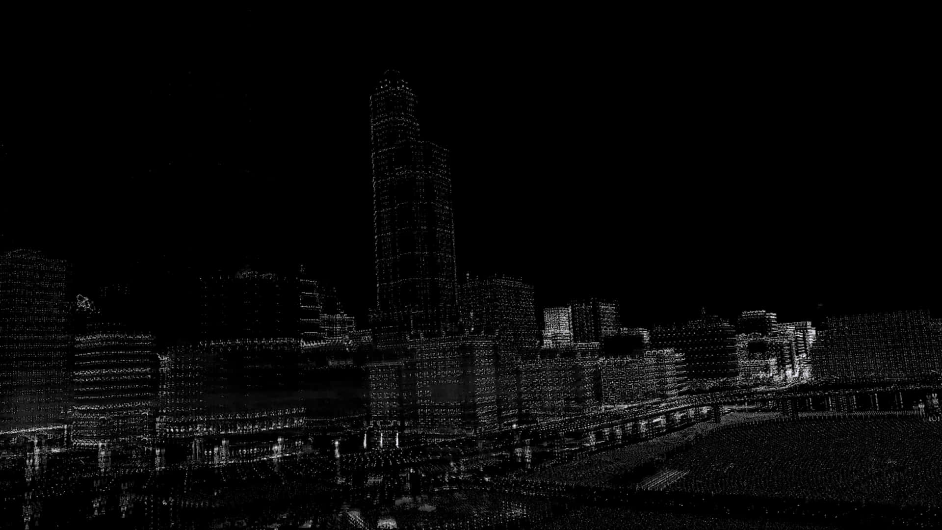 像素化城市天際線夜景，發光燈光映襯黑暗天空
