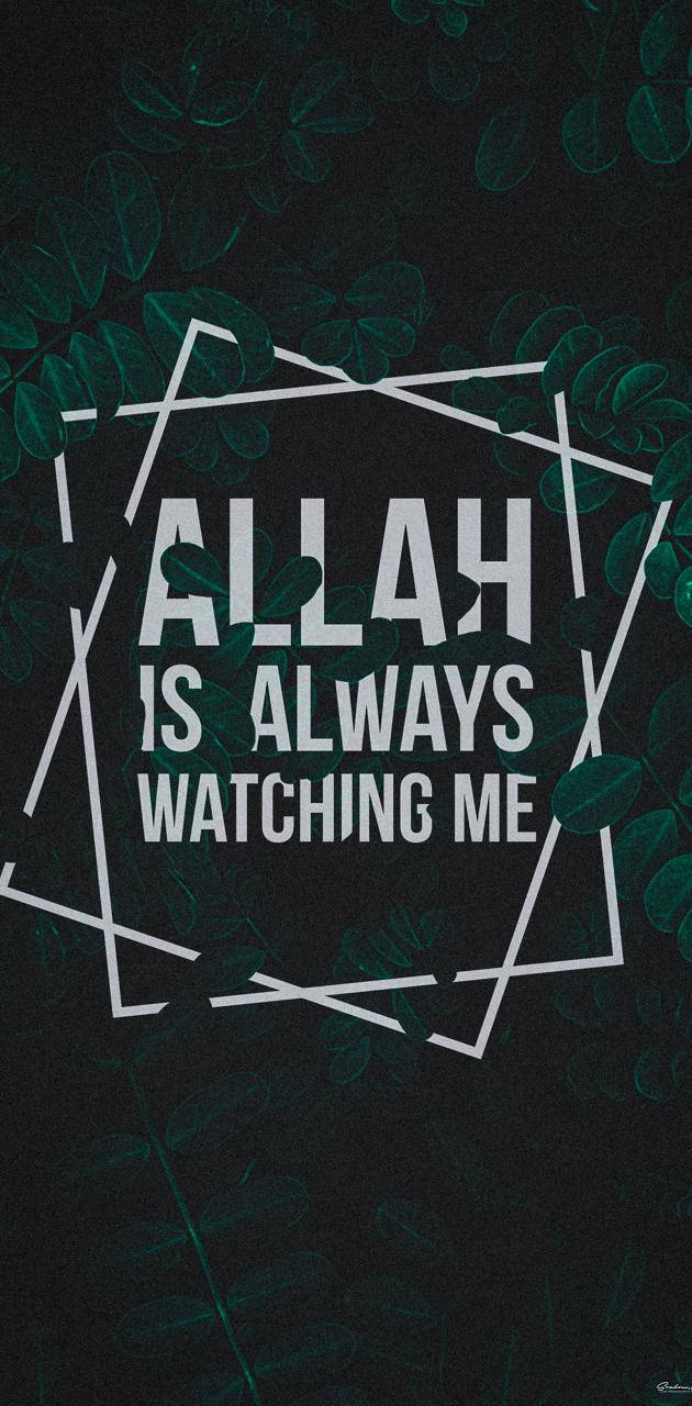 真主在注視我 備忘 壁紙 — 粗體白色文字在幾何框架內宣告「ALLAH IS ALWAYS WATCHING ME」，背景為深綠色葉片。