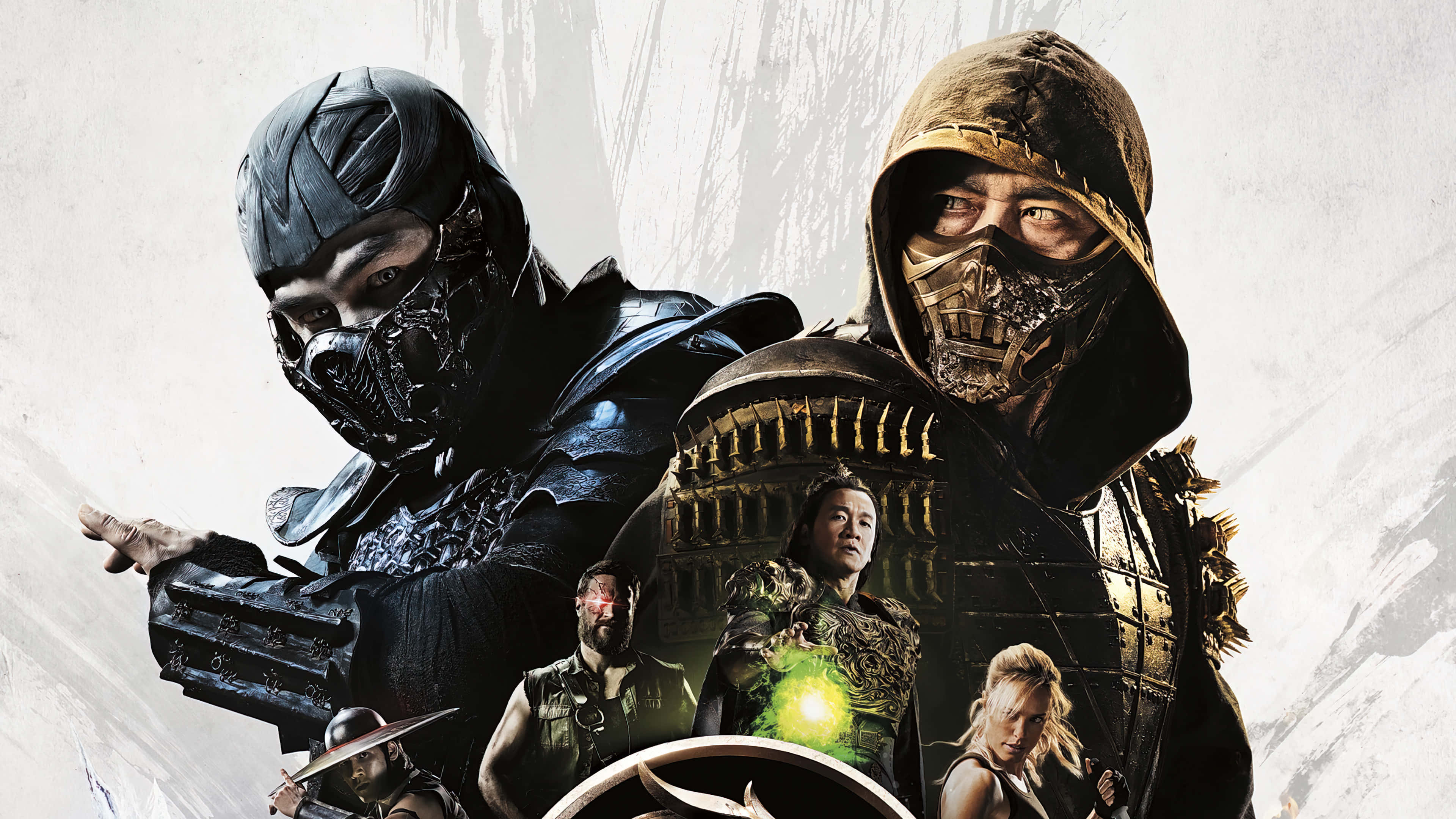 《真人快打 2021》中的冰封戰士 Sub Zero 准備好戰鬥 壁紙 — 兩名戴著面具、身穿黑色盔甲的戰士，在 gritty 的電影場景中，壓倒一群帶有發光綠色能量的戰士。