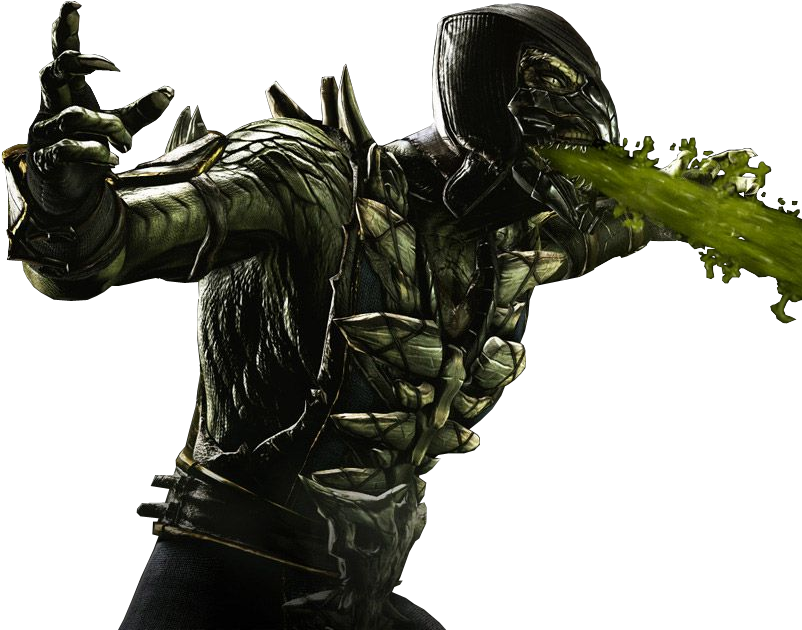 真人快打 Reptile 酸液噴射動作 壁紙 — 一個身穿黑色盔甲、綠色皮膚的兇猛戰士，從口中噴出一股有毒的綠色能量，射向黑色虛空。