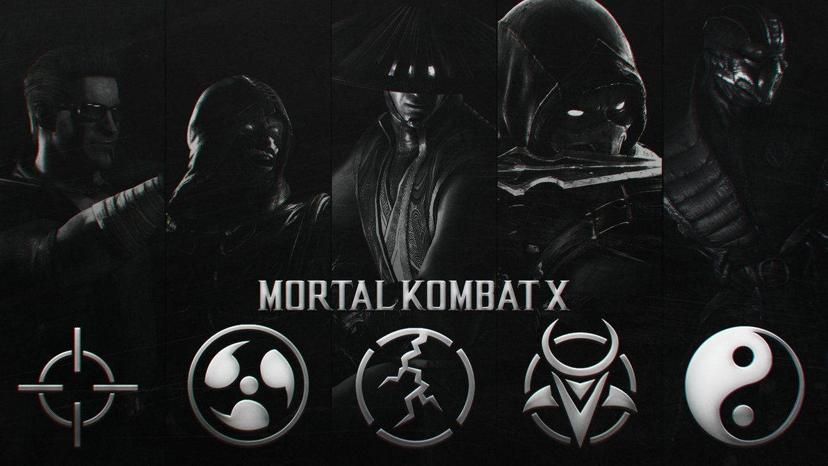 Mortal Kombat X遊戲標誌，包含五個戰士剪影和陣營符號。