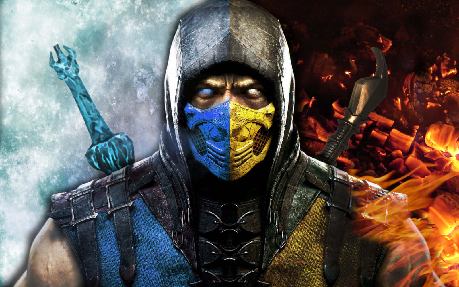 Mortal Kombat 戰士，一半冰藍一半火橙，手持武器。